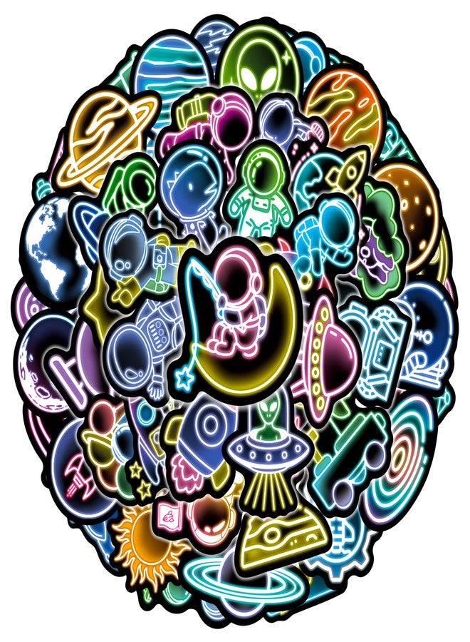 Robmoda 50 Pcs Neon Space Water Bottle Stickers for Kids, Cartoon Astronaut Planet Laptop Decals, Waterproof Vinyl Phone Case Luggage Scrapbook Guitar DIY Decor - Image 1