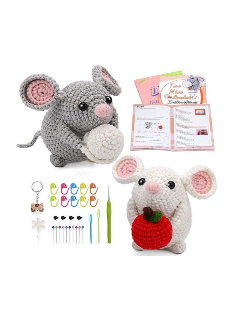 الواحة-TH طقم حيوانات كروشيه مكون من قطعتين على شكل فأر لطيف، طقم كروشيه للمبتدئين للبالغين والأطفال، طقم كروشيه للمبتدئين مع حلقة مفاتيح، طقم كروشيه للمبتدئين مع تعليمات ودروس فيديو - Image 1