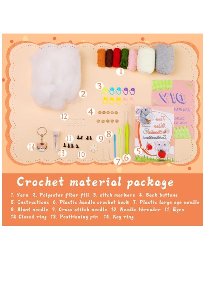 الواحة-TH طقم حيوانات كروشيه مكون من قطعتين على شكل فأر لطيف، طقم كروشيه للمبتدئين للبالغين والأطفال، طقم كروشيه للمبتدئين مع حلقة مفاتيح، طقم كروشيه للمبتدئين مع تعليمات ودروس فيديو - Image 2