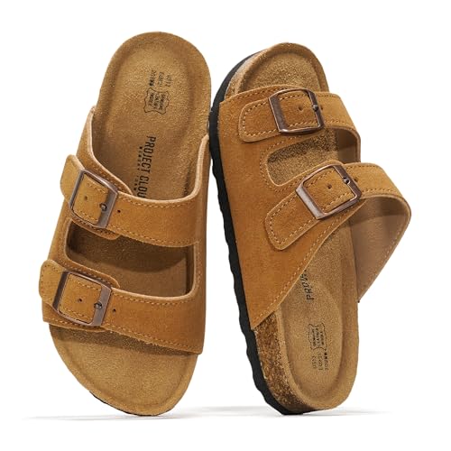 Project Cloud Genuine Leather Slides For Kids - Natural Cork Footbed Summer Sandals Beach Slide Sandals for Girls & Boys - Non-Slip Boys & Girls Sandals (Little Venita, CHSTNUTSUEDE,3) - Image 1