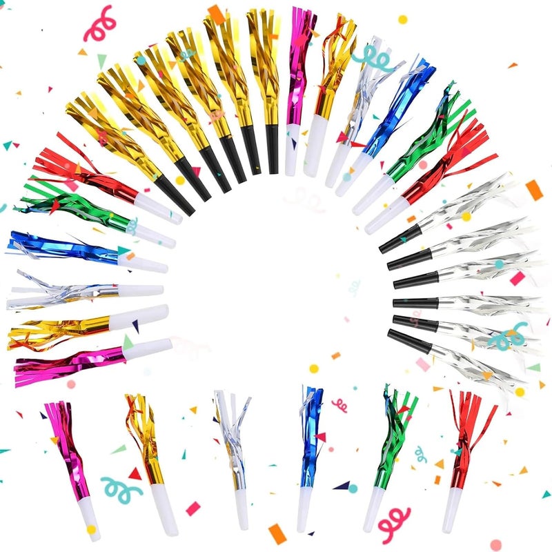 ChicAbode 24 Pcs Glitter Noisemakers, Metal Tassel Music Birthday Blowers, Horn Whistles Party Favors Blow Out, Kids New Year's Eve Noisemakers (Color, Gold, Silver) - Image 1