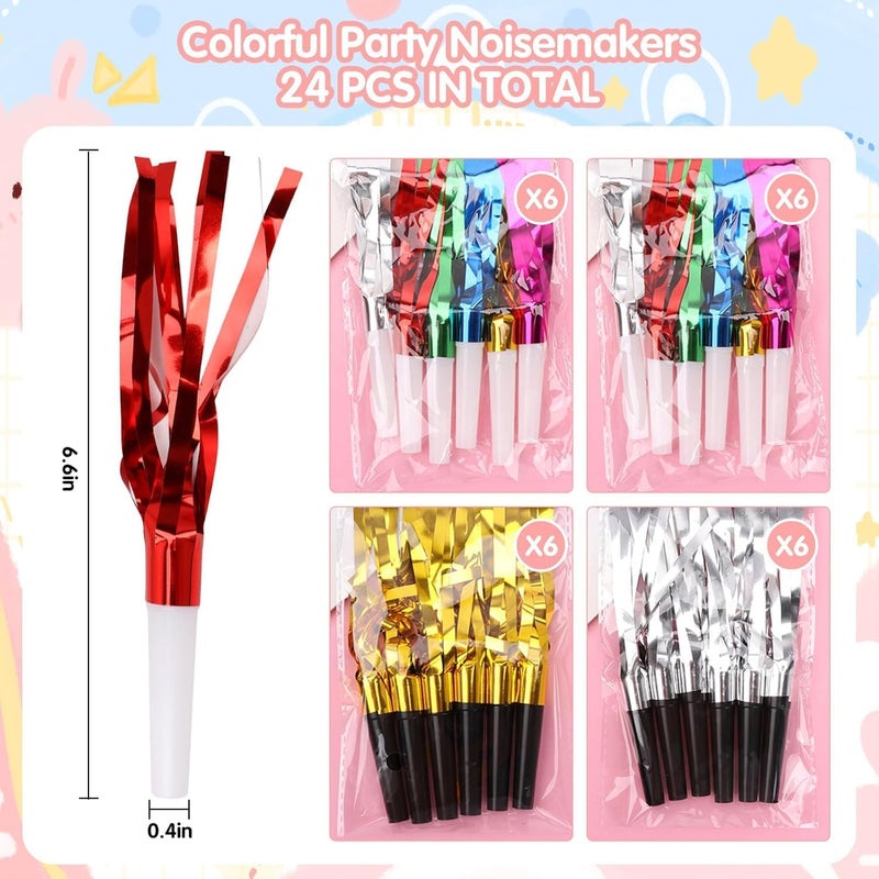 ChicAbode 24 Pcs Glitter Noisemakers, Metal Tassel Music Birthday Blowers, Horn Whistles Party Favors Blow Out, Kids New Year's Eve Noisemakers (Color, Gold, Silver) - Image 2