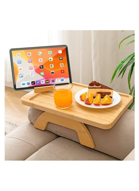 Bamboo Sofa Tray Table Clip on Side Table for Wide Couches Arm, Foldable Couch Tray with 360° Rotating Phone Holder, Armrest Table for Eating Drinks Snacks Remote Control (Rectangle)