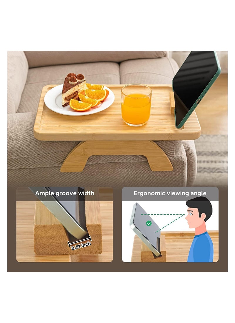 Bamboo Sofa Tray Table Clip on Side Table for Wide Couches Arm, Foldable Couch Tray with 360° Rotating Phone Holder, Armrest Table for Eating Drinks Snacks Remote Control (Rectangle)