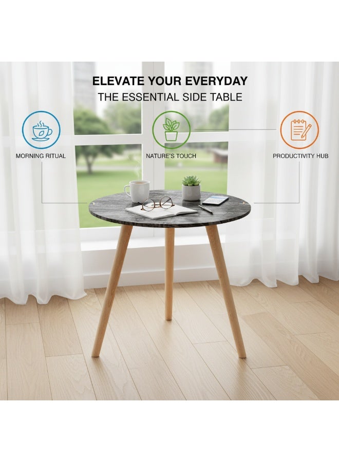 Round Wooden Side Table, 40cm Beech and MDF Melamine, Modern Accent Table for Living Room and Bedroom (Gray Marble Color) - Image 4