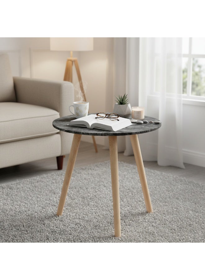 Round Wooden Side Table, 40cm Beech and MDF Melamine, Modern Accent Table for Living Room and Bedroom (Gray Marble Color) - Image 1