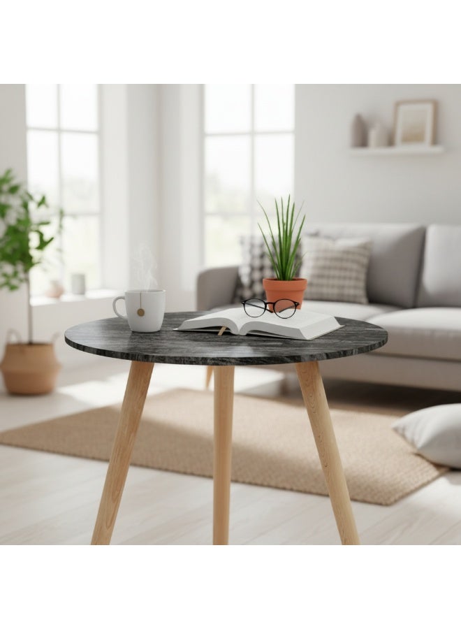 Round Wooden Side Table, 40cm Beech and MDF Melamine, Modern Accent Table for Living Room and Bedroom (Gray Marble Color) - Image 2