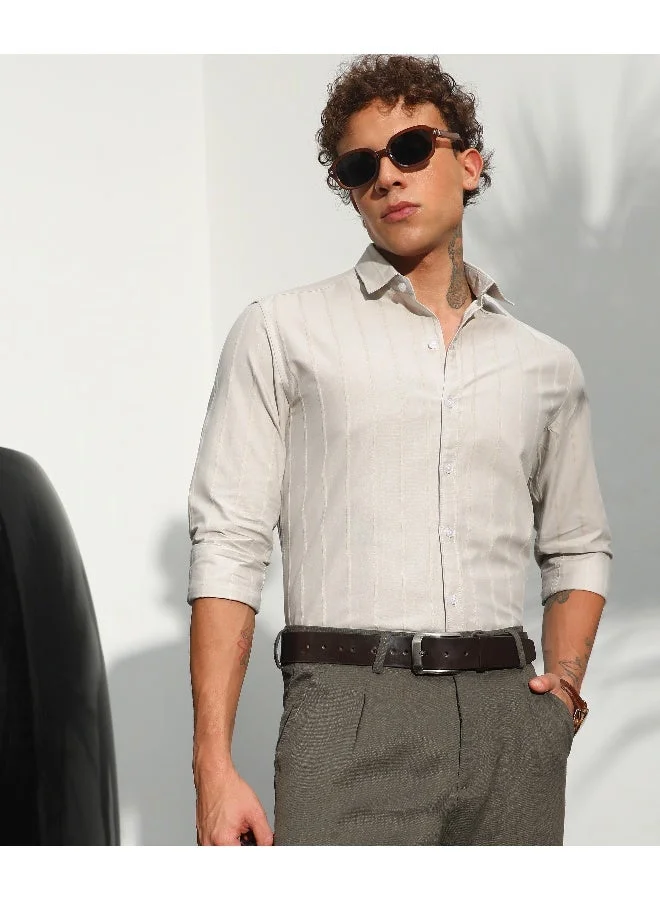 Men's Cloud Grey Pastel Striped Shirt For Casual Wear | Spread Collar | Long Sleeve | Button Closure | Shirt Crafted With Comfort Fit For Everyday Wear