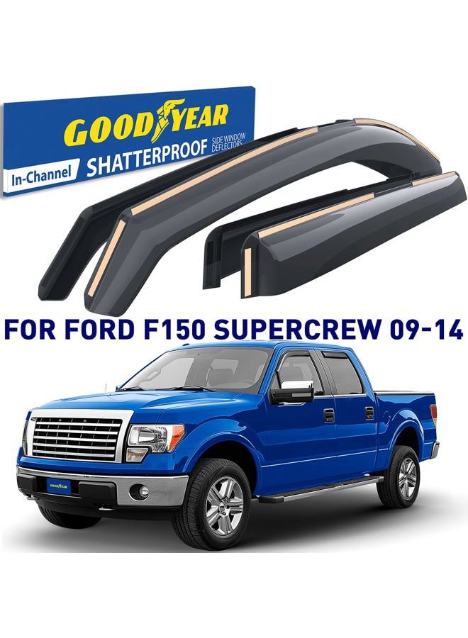 GOODYEAR Shatterproof in-Channel Window Deflectors for Trucks Ford F-150 2009-2014 SuperCrew, Rain Guards, Window Visors for Cars, Vent Deflector, Truck Accessories, 4 pcs- GY003405LP - Image 2