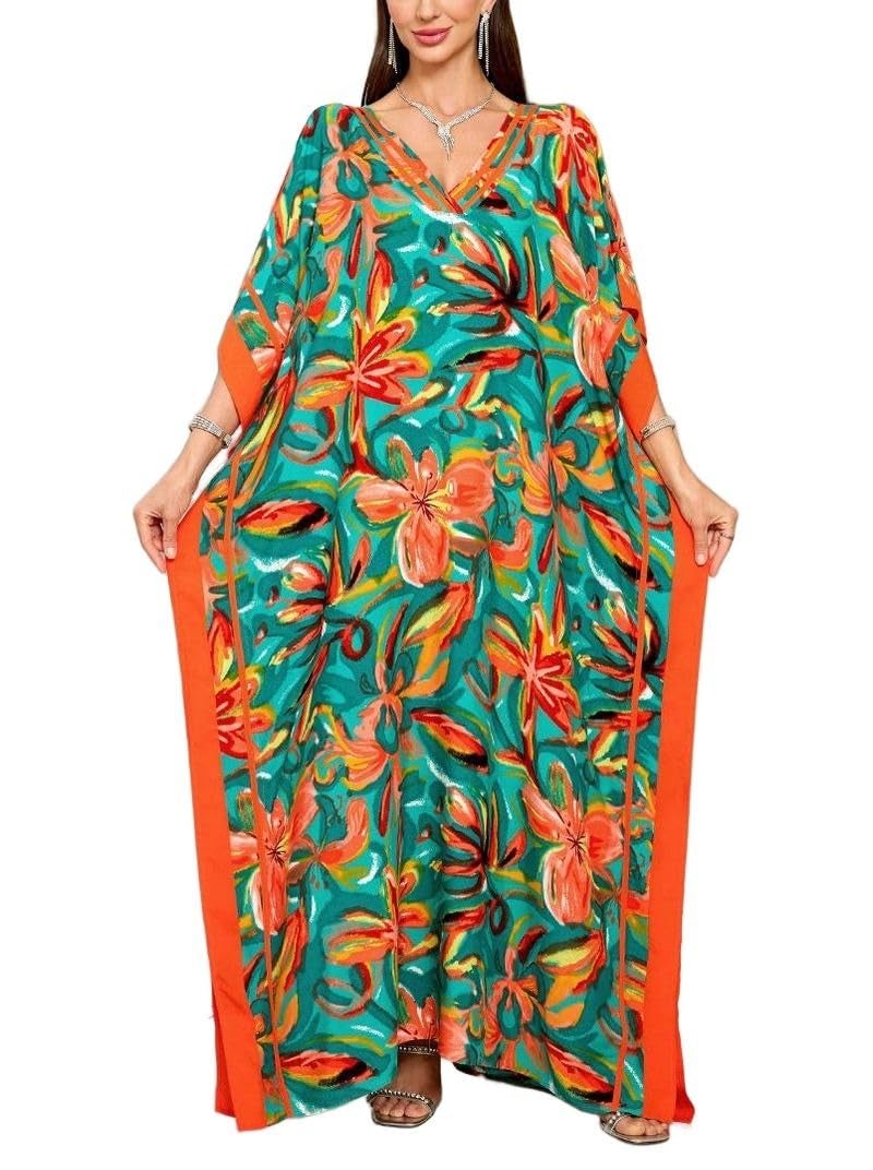KECVOT Kaftan Dresses for Women V Neck Batwing Sleeve Plus Size Caftans Swimwear Coverups Maxi Beach Dresses - Image 1