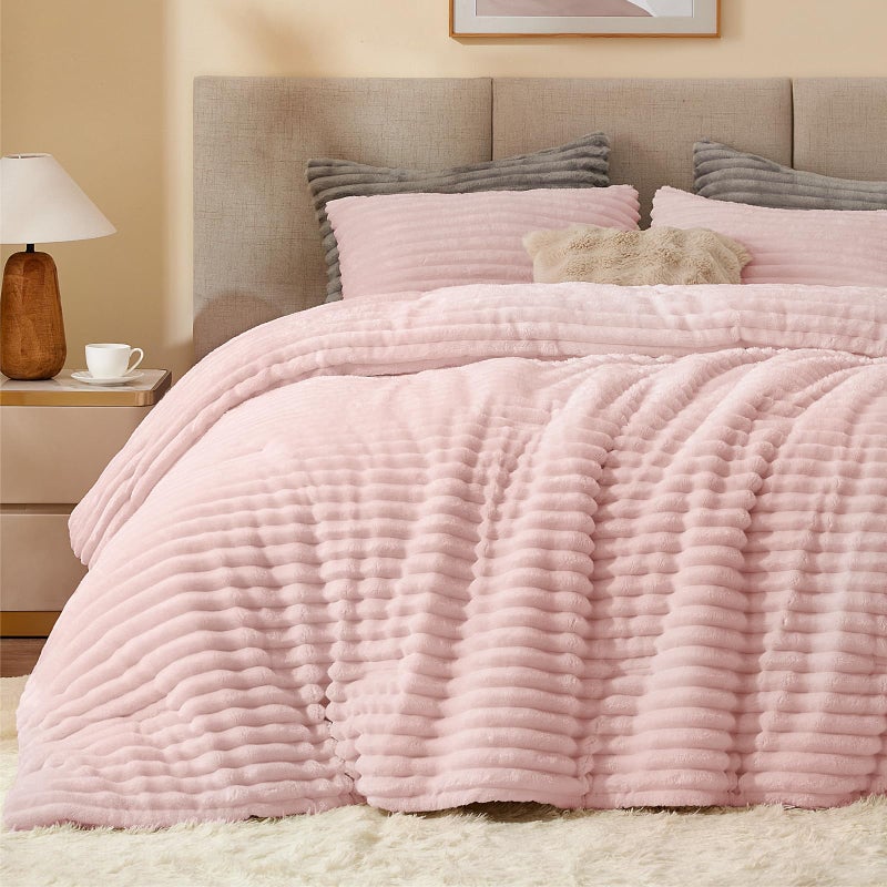 BEDELITE Fleece Queen Comforter Set -Super Soft & Warm Fluffy Pink Bedding, Luxury Fuzzy Heavy Bed Set for Winter with 2 Pillow Cases - Image 1