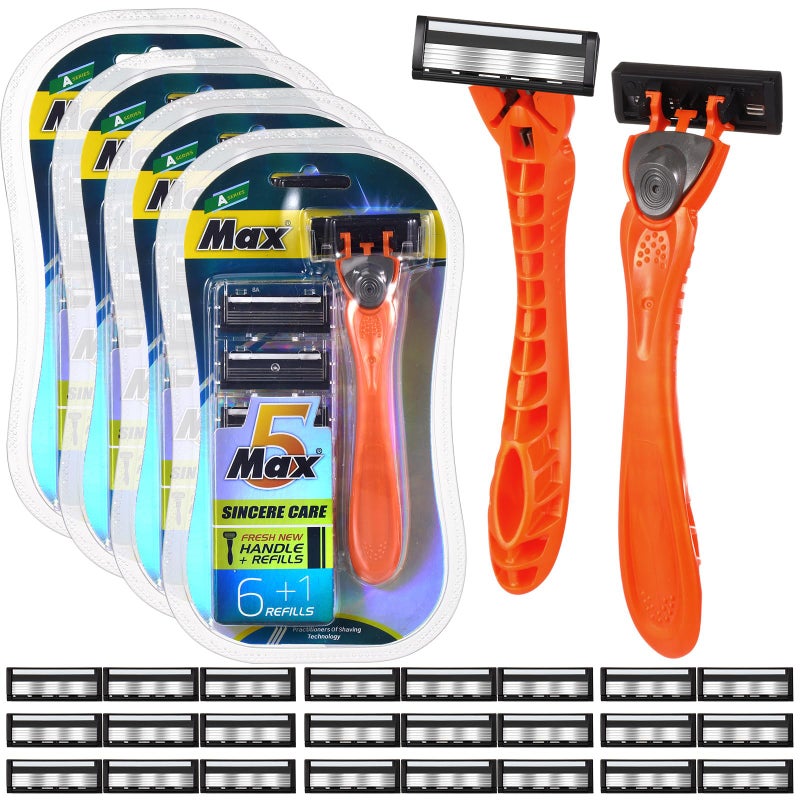 Leriton 28 Pcs Mens Razors Set 5 Blade Razors for Men Sensitive Skin Razor Refillable Razors Set Disposable Blade Refills Disposable Head Razor Shaving Kit 4 Handle and 24 Cartridges
