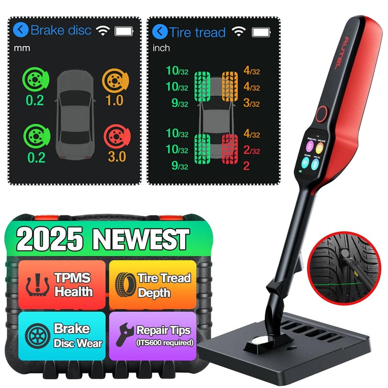 Autel أوتيل فاحص فرامل الإطارات MaxiTPMS TBE200E 2025 جهاز قياس عمق مداس الإطارات وتآكل أقراص الفرامل 165 شاشة AMOLED تعمل باللمس ترقية لـ TBE100 فحص DOT كاميرا مزدوجة نصائح الإصلاح تعمل مع ITS600PRO