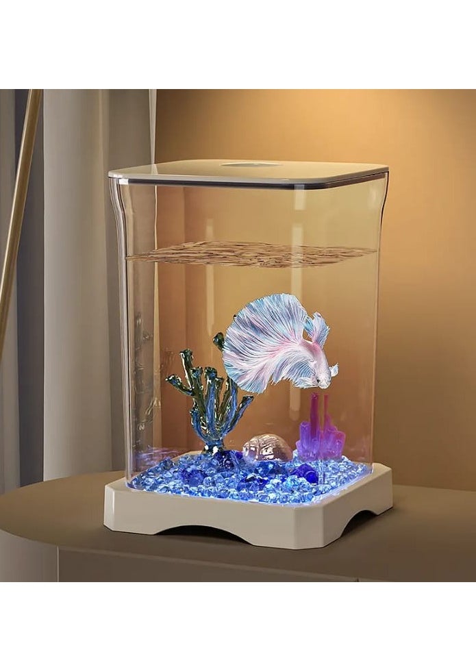 Hi Pets Supplies Mini Betta Fish Tank with LED Light – Clear Desktop Aquarium Bowl with Coral & Glass Beads – Ideal for Shrimp, Crabs, Spiders & Home Décor  - Image 1