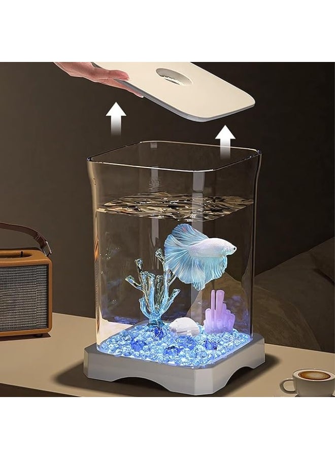 Hi Pets Supplies Mini Betta Fish Tank with LED Light – Clear Desktop Aquarium Bowl with Coral & Glass Beads – Ideal for Shrimp, Crabs, Spiders & Home Décor  - Image 2