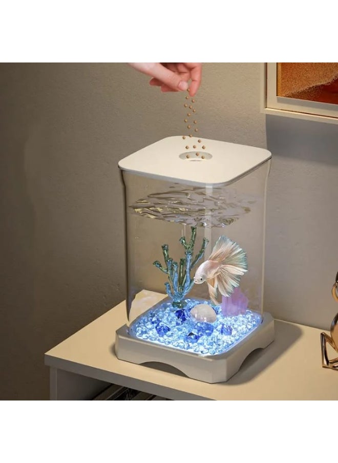 Hi Pets Supplies Mini Betta Fish Tank with LED Light – Clear Desktop Aquarium Bowl with Coral & Glass Beads – Ideal for Shrimp, Crabs, Spiders & Home Décor  - Image 4