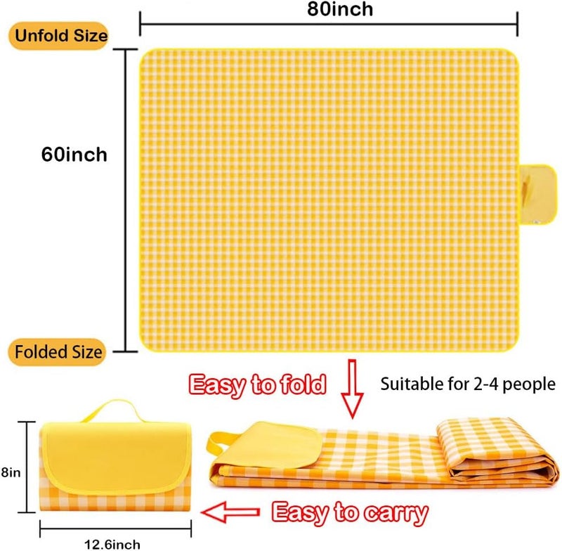 RUIBOLU Extra Large Picnic Blanket Beach Blankets, 80''x60'' Picnic Mat Waterproof Sand Proof Foldable Portable for Outdoor Camping Hiking Travel Grass Park Music Festival Lawn Mats (yellow, 80x60 inch) - Image 2