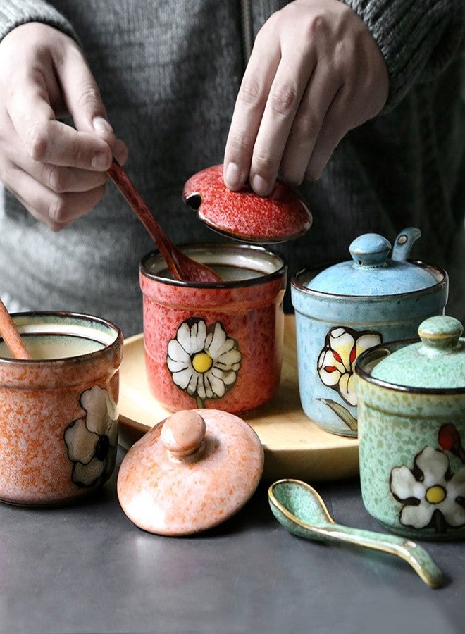 123Arts Ceramics Retro Flower Sugar Salt Pepper Storage Jar Seasoning Pot with Lid And Spoon - Image 5