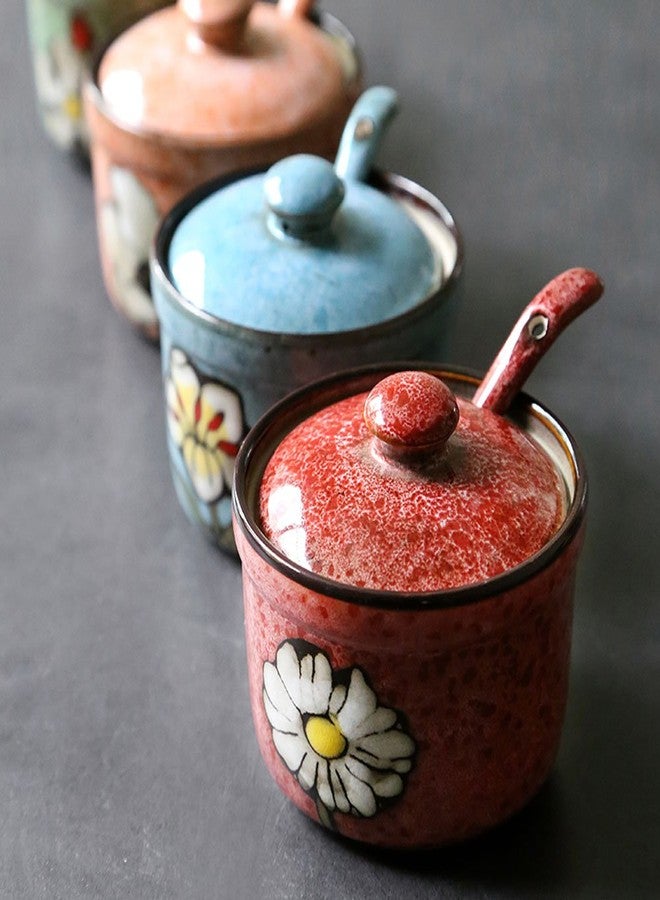 123Arts Ceramics Retro Flower Sugar Salt Pepper Storage Jar Seasoning Pot with Lid And Spoon - Image 4
