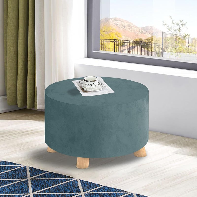 MAXIJIN Velvet Ottoman Slipcover - Round Foot Stool Cover, Thick Storage Protector with Elastic Bottom (Medium, Dusty Blue) - Image 2