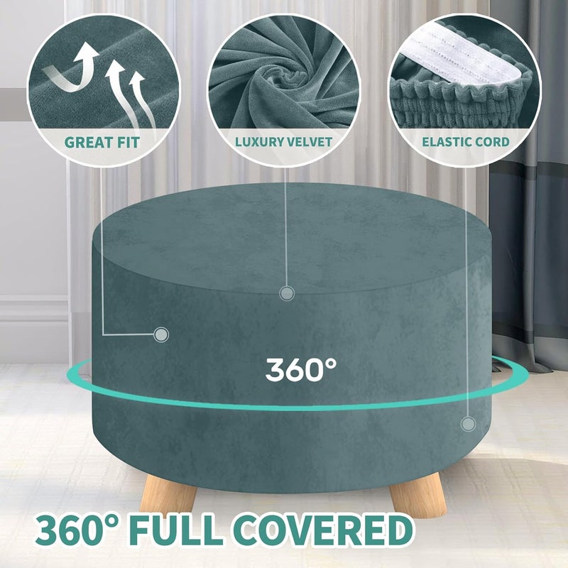 MAXIJIN Velvet Ottoman Slipcover - Round Foot Stool Cover, Thick Storage Protector with Elastic Bottom (Medium, Dusty Blue) - Image 4