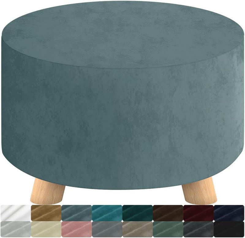MAXIJIN Velvet Ottoman Slipcover - Round Foot Stool Cover, Thick Storage Protector with Elastic Bottom (Medium, Dusty Blue) - Image 1