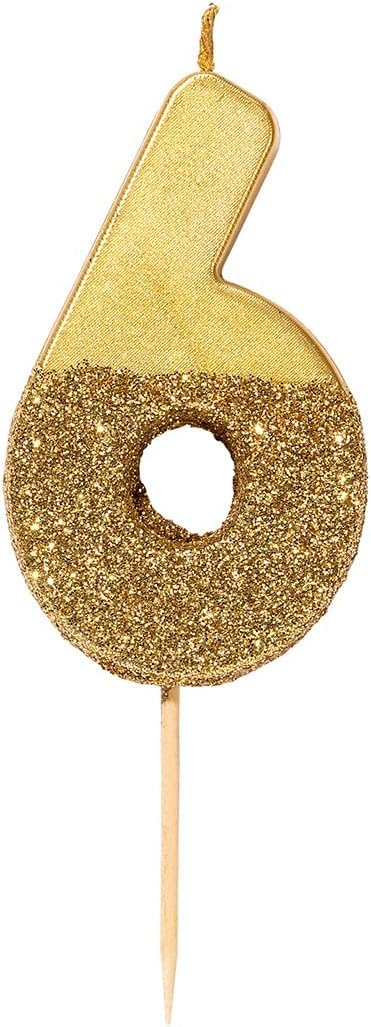 Talking Tables Gold Glitter Number 6 Candle-Premium Quality Cake Topper Decoration Pretty, Sparkly For Kids, Adults, 16th, 60th Birthday Party, Anniversary, Milestone, Height 8cm, 3" - Image 1