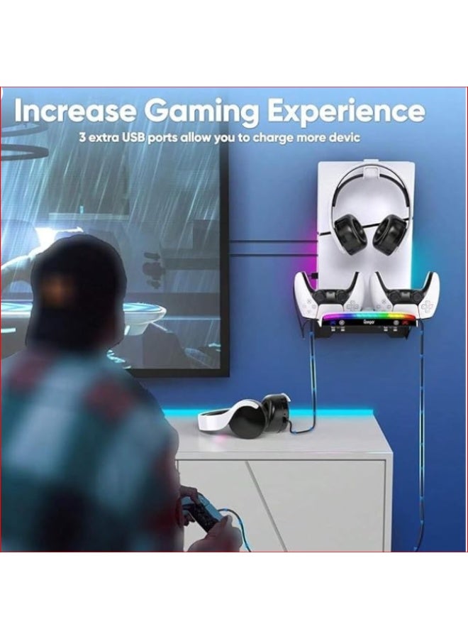 Multifunctional PS5 Stand with Dual Controller Charging Dock RGB Lighting and Headset Holder - Image 3