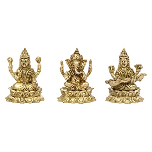 Kartique Brass Laxmi Saraswati Ganesh Metal Statue of Bhagwan Idol Ganpati Murti for Home Office Success Entrance Decor Pooja Gift of Good Fortune Height 3 Inch Gold Color - Image 1