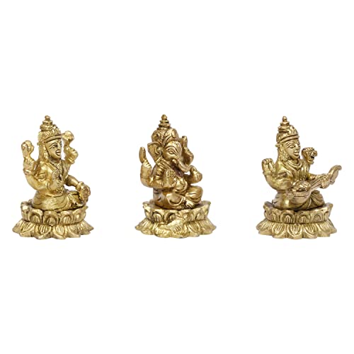 Kartique Brass Laxmi Saraswati Ganesh Metal Statue of Bhagwan Idol Ganpati Murti for Home Office Success Entrance Decor Pooja Gift of Good Fortune Height 3 Inch Gold Color - Image 2
