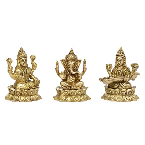 Kartique Brass Laxmi Saraswati Ganesh Metal Statue of Bhagwan Idol Ganpati Murti for Home Office Success Entrance Decor Pooja Gift of Good Fortune Height 3 Inch Gold Color - Image 4