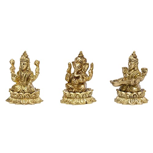 Kartique Brass Laxmi Saraswati Ganesh Metal Statue of Bhagwan Idol Ganpati Murti for Home Office Success Entrance Decor Pooja Gift of Good Fortune Height 3 Inch Gold Color - Image 3