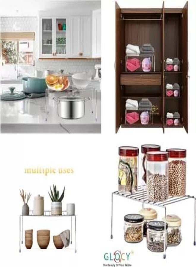 GLOCY Stainless Steel Kitchen Cabinet Rack| Multi-Purpose Plate Stand & Household Shelves| Countertop/Undercounter Organizer for Cups & Pantry Essentials (Pack of 2-silver) - Image 2