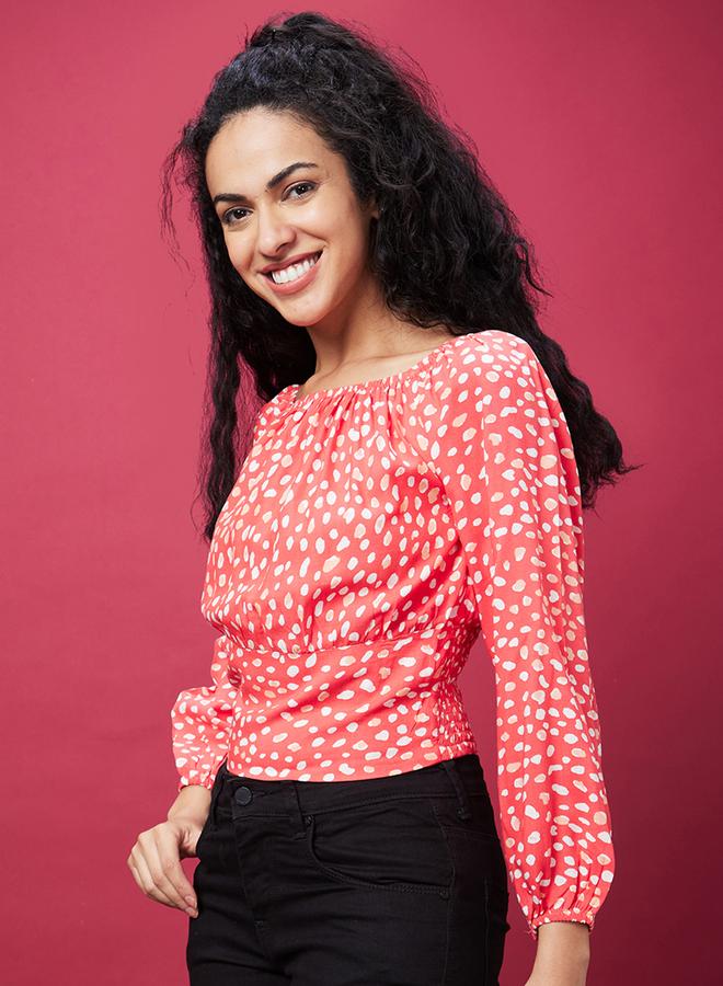 Globus Women Orange All-Over Print Smocked Top with Square Neck - Image 2