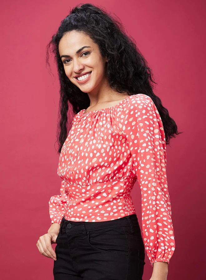 globus Globus Women Orange All-Over Print Smocked Top with Square Neck