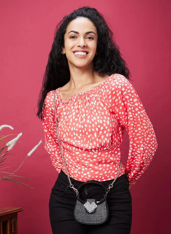 globus Globus Women Orange All-Over Print Smocked Top with Square Neck