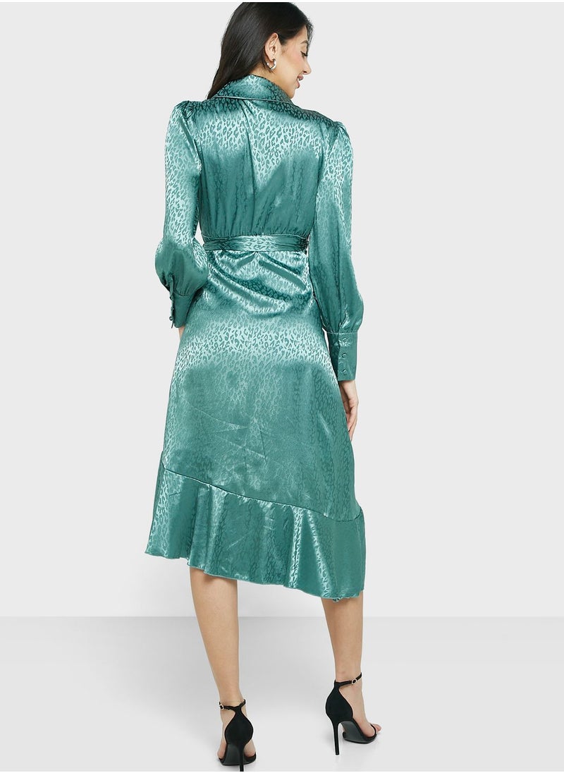 ELLA - Textured Print Wrap Detail Asymmetrical Dress - Image 1
