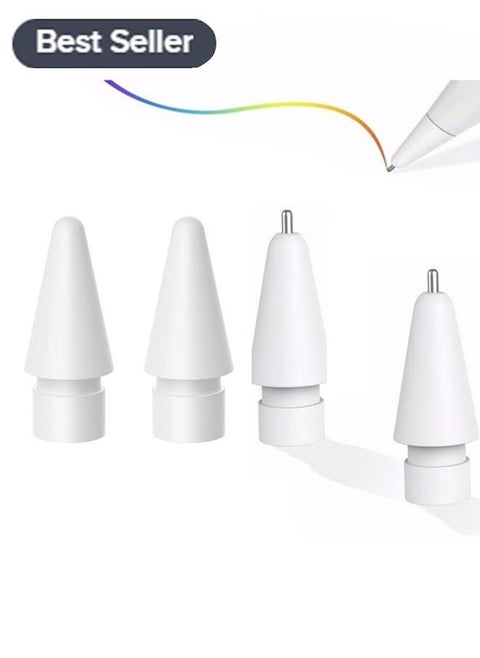 4-Piece Replacement Tips Set Suitable For Apple Pencil 1st And 2nd Generation White, High Sensitive Pen Like iPencil Nib No Wear Out Noiseless Precise Control Stylus Tip for iPad Pro Pencil