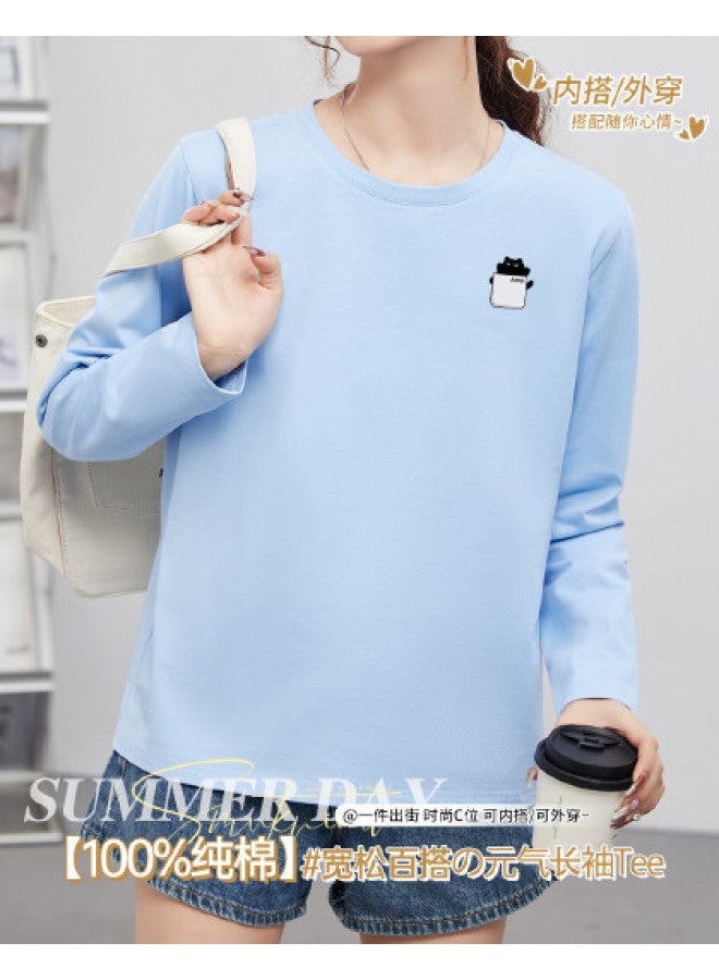 LANG SHA Women'S Long Sleeve Round Neck T-Shirt Versatile Solid Color Print Base Layer Top T-Shirt Women - Image 1