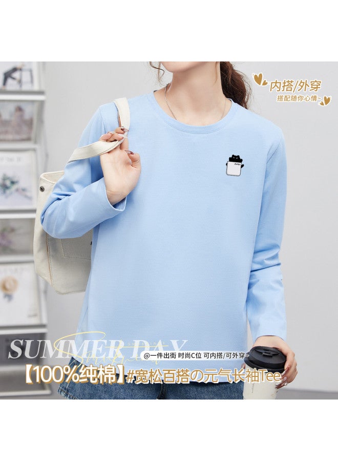 LANG SHA Women'S Long Sleeve Round Neck T-Shirt Versatile Solid Color Print Base Layer Top T-Shirt Women - Image 2