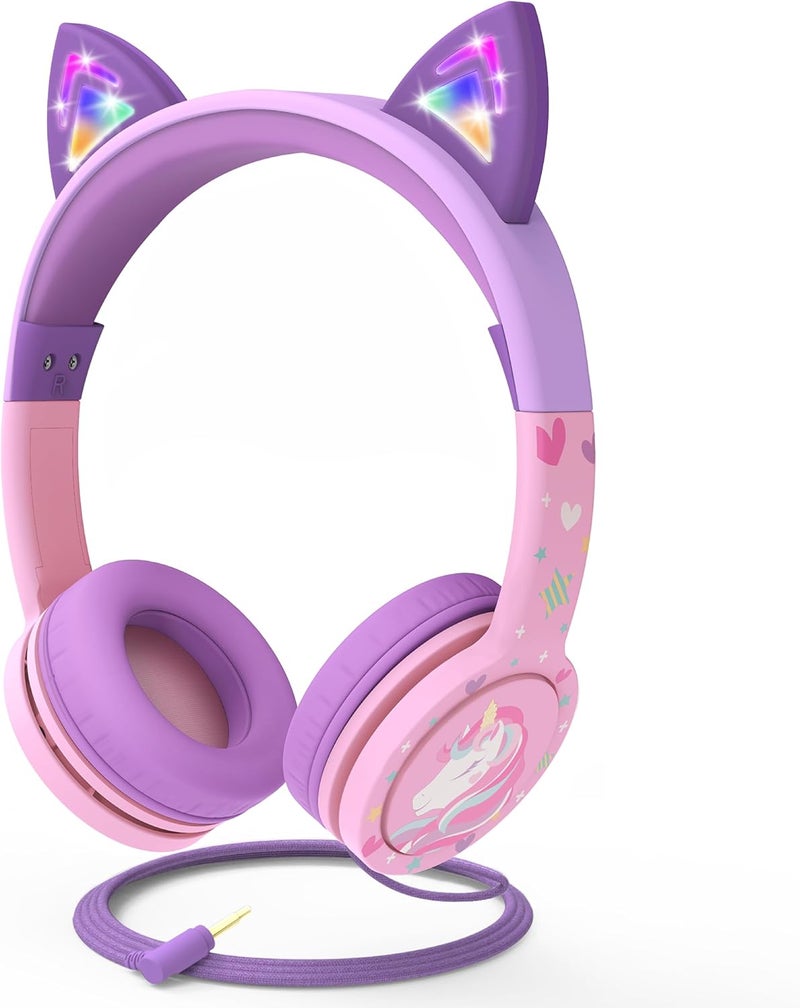 FosPower Kids Headphones with LED Cat Ears (85dB Safe Volume Limit), 3.5mm Soft On-Ear Wired Headphones with Tangle-Free Laced Cables for iPad/Tablet/School/Travel - Baby Pink/Lavender - Image 1