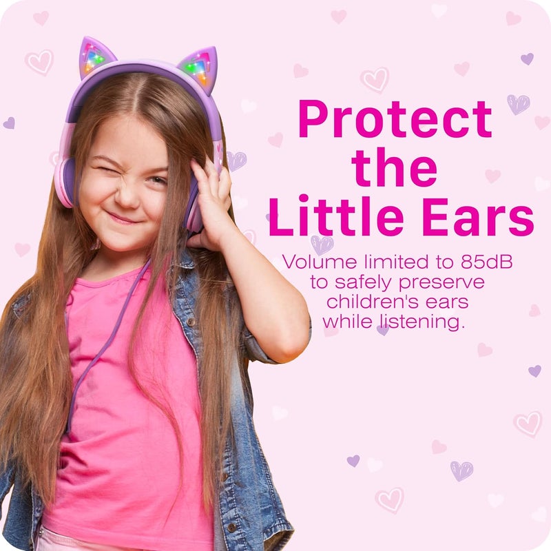 FosPower Kids Headphones with LED Cat Ears (85dB Safe Volume Limit), 3.5mm Soft On-Ear Wired Headphones with Tangle-Free Laced Cables for iPad/Tablet/School/Travel - Baby Pink/Lavender - Image 4