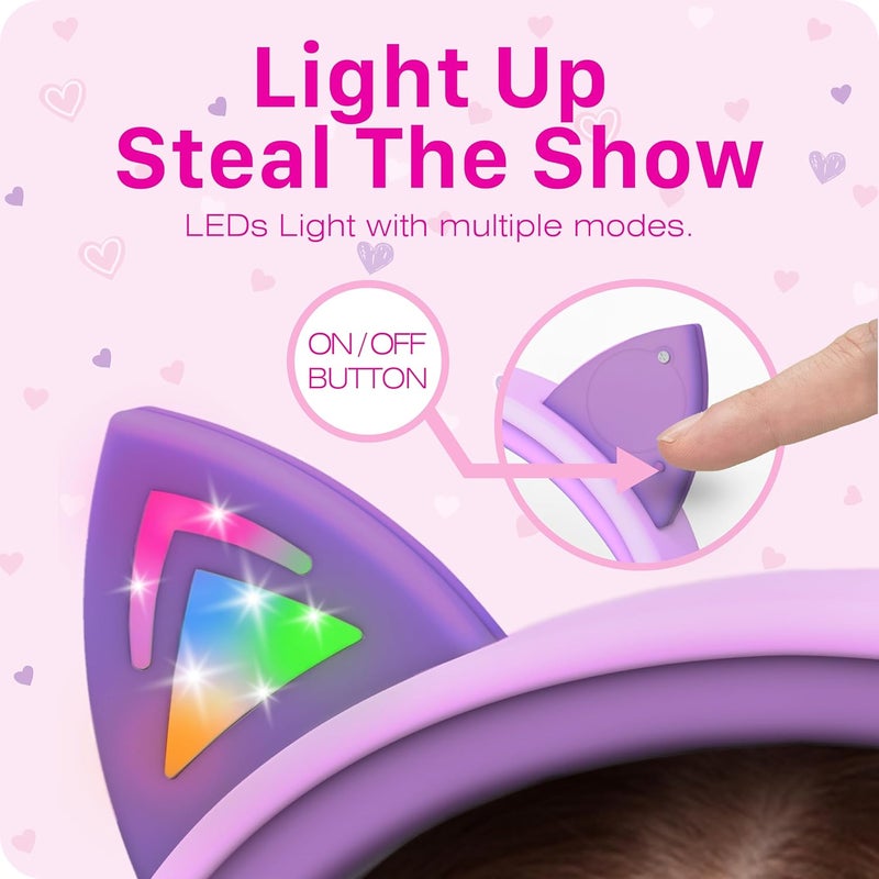 FosPower Kids Headphones with LED Cat Ears (85dB Safe Volume Limit), 3.5mm Soft On-Ear Wired Headphones with Tangle-Free Laced Cables for iPad/Tablet/School/Travel - Baby Pink/Lavender - Image 5