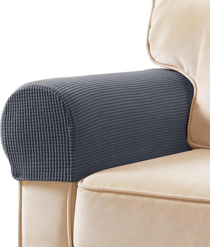 subrtex Stretch Large Couch Arm Covers Set of 2, Checkered Sofa Arm Slipcovers, Anti-Slip Armrest Covers for Recliner and Armchairs, Pet Proof, High Stretchy, Hook & Loop Tape,Grey (Large,Grey) - Image 1