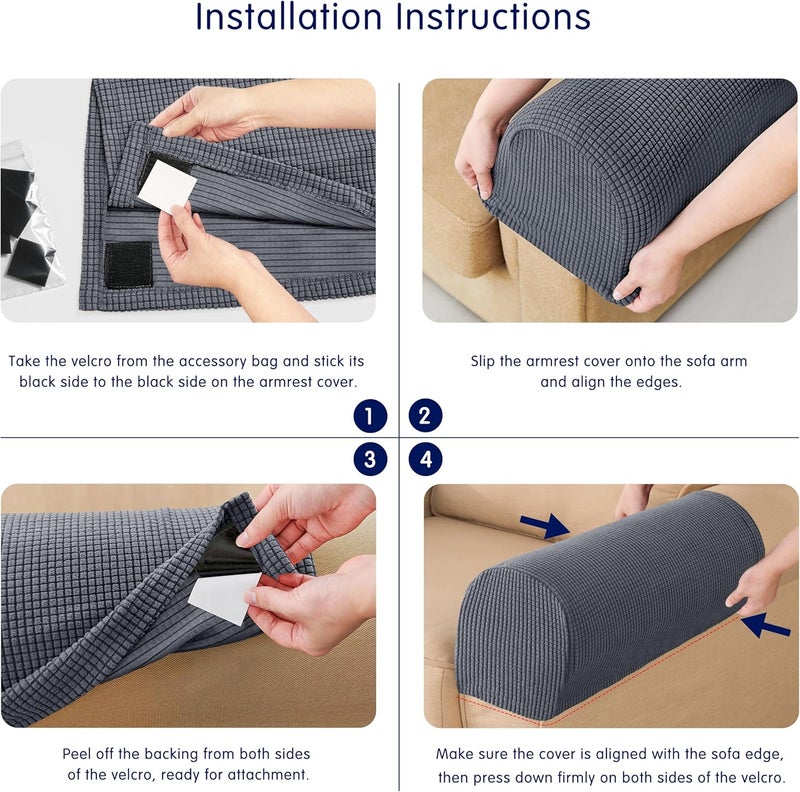 subrtex Stretch Large Couch Arm Covers Set of 2, Checkered Sofa Arm Slipcovers, Anti-Slip Armrest Covers for Recliner and Armchairs, Pet Proof, High Stretchy, Hook & Loop Tape,Grey (Large,Grey) - Image 3