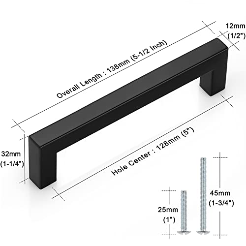 Probrico 30 Pack| Black Cabinet Handles 5 Inch(128mm) Hole Centers Drawer Pulls Stainless Steel Kitchen Cabinet Handles Matte Black Square Drawer Handles Modern Cabinet Hardware - Image 3
