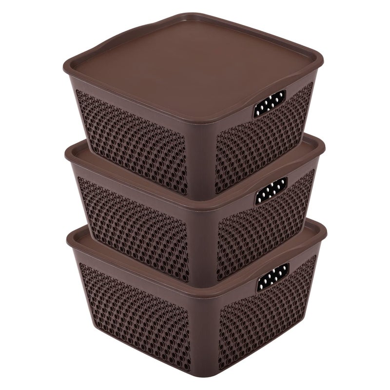 Kuber Industries Kuber Industries Netted Design Unbreakable Multipurpose Square Shape Plastic Storage Baskets with lid Small Pack of 3 Brown  - Image 1