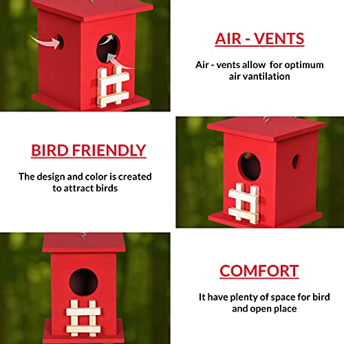 Cket Bird House Nest Breeding Box for Sparrow, Hummingbird, Kingfisher for Balcony and Garden Hanging Wooden with Hanging and Wall Patch (RED) (Pack of 2) - Image 4