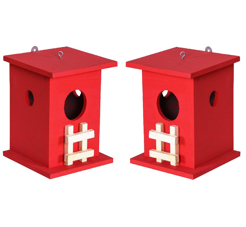 Cket Bird House Nest Breeding Box for Sparrow, Hummingbird, Kingfisher for Balcony and Garden Hanging Wooden with Hanging and Wall Patch (RED) (Pack of 2) - Image 1