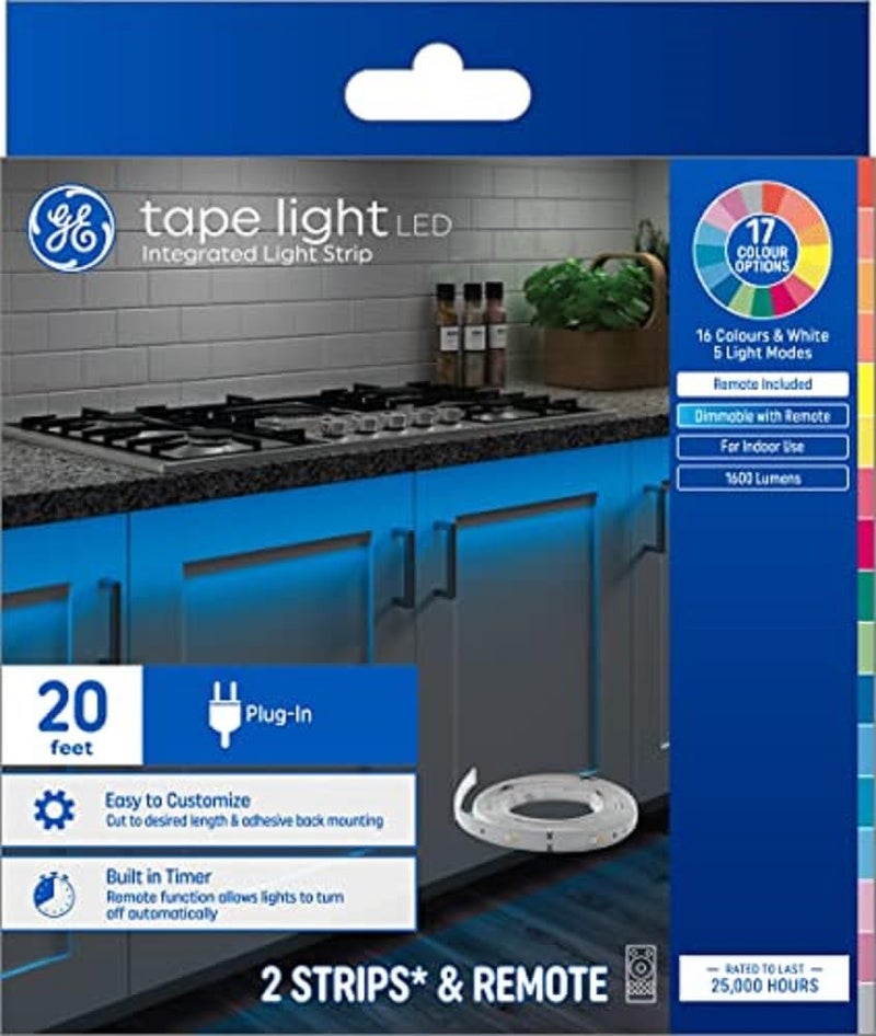 GE Lighting GE LED Tape Light Color Changing PlugIn Light Strip Fixture with Timer 20ft